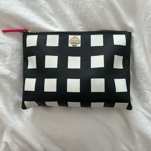 KATE SPADE black & white check gingham plaid leather zip pouch makeup bag